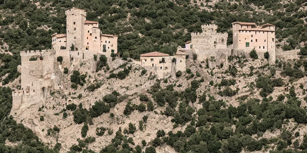 Image similar to an italian castle high on a mountain, sunny day, olive grove, high detail, 8 k, award winning, behance, by lorenzo lanfranconi