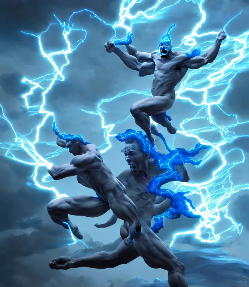 Image similar to zeus god throwing bolts of blue lightning, ultra realistic, dramatic lighting, combative pose, highly detailed by peter mohrbacher, hajime sorayama, wayne barlowe, boris vallejo, aaron horkey, gaston bussiere, craig mullins, octane render, cycles render, vray, iridescent