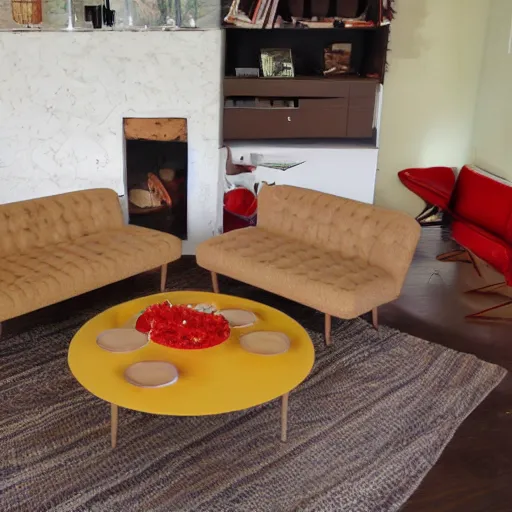 Prompt: spaghetti and meatballs shaped into a mid century modern living room set