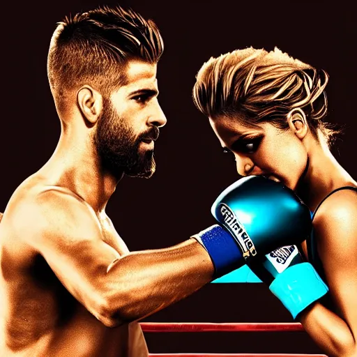 Image similar to Shakira with boxing gloves fighting against Gerard Pique, cinematic epic shot, hihgly detailed, 4k, realistic,