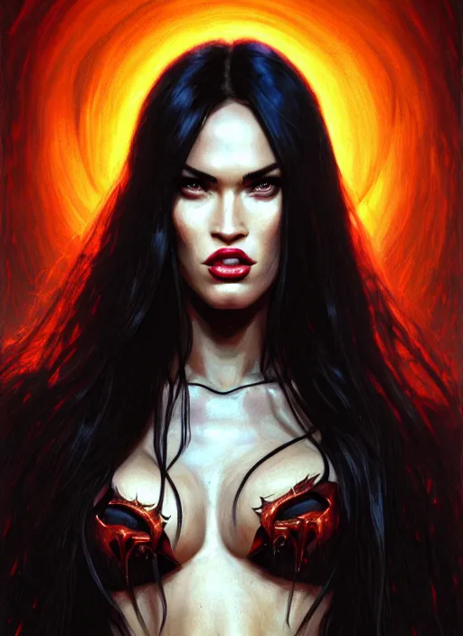 Image similar to portrait of megan fox as a evil demon, hornes, batwings, hell, jewelry, greek, dark, intricate, headshot, key visual, conceptart, ambient lighting, highly detailed, digital painting, artstation, concept art, sharp focus, by makoto shinkai and akihiko yoshida and greg manchess