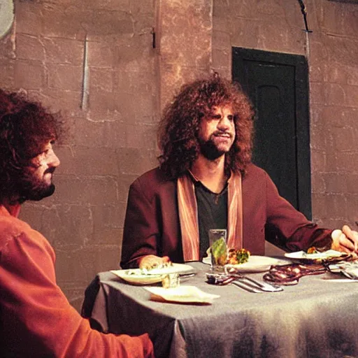 Prompt: Pat Metheny having dinner with Jesus Christ at a Mexican restaurant, highly detailed, high resolution, HD, cinematic