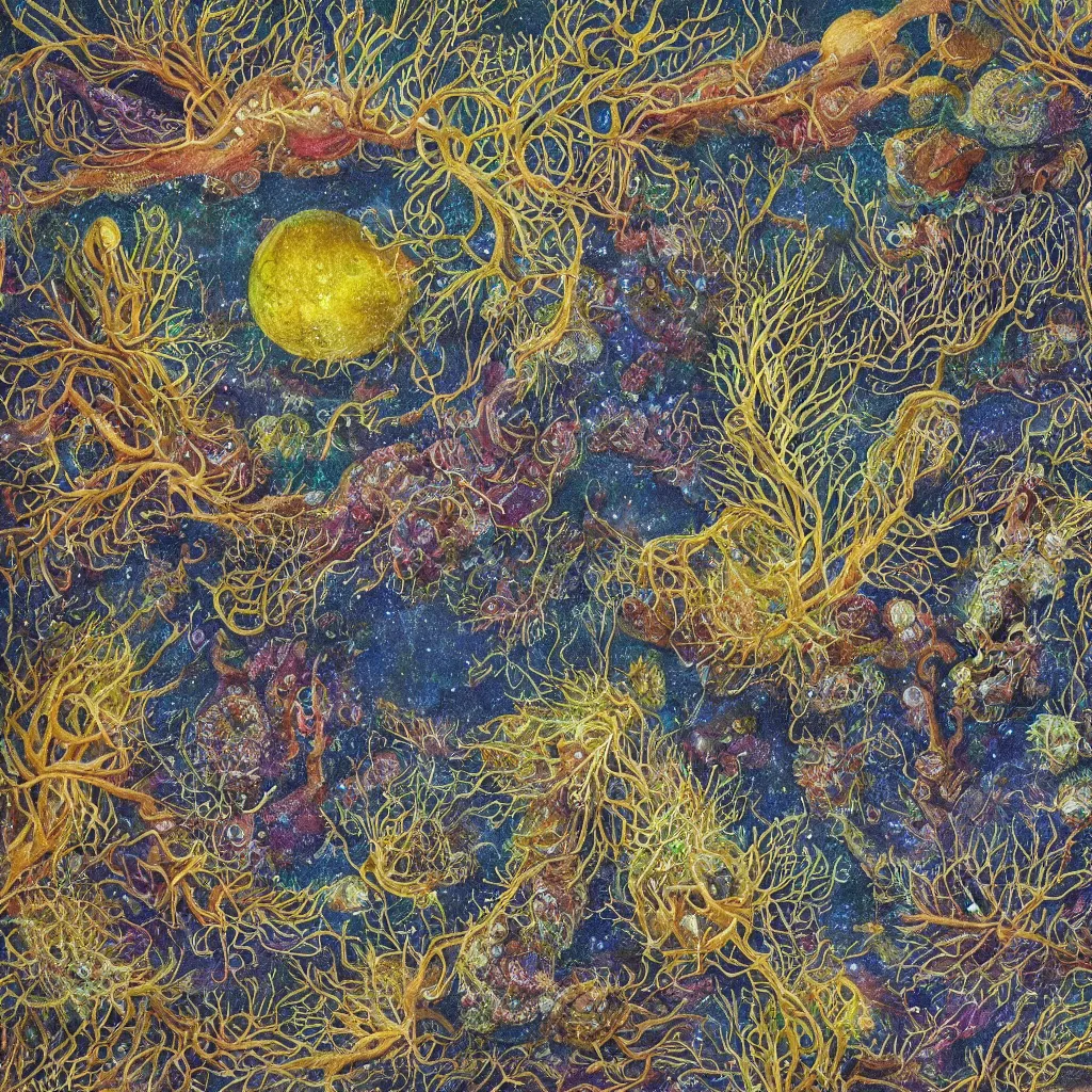 Image similar to beautiful and artistic mycelium on a fantastic planet and unusual inhabitants of the oceans, highly detailed, with optical illusion