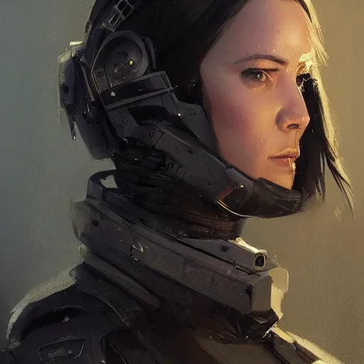 Prompt: portrait of a woman by greg rutkowski, she is about 3 0 years old, messy black bob hair, pale round face, tired eyes, she is wearing futuristic black colored tactical gear, highly detailed portrait, digital painting, artstation, concept art, smooth, sharp foccus ilustration, artstation hq