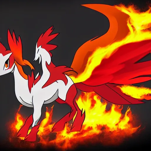 Image similar to mixture between rapidash and combusken, fire pokemon, horse chicken hybrid, a lot of fire, detailed, cartoon style