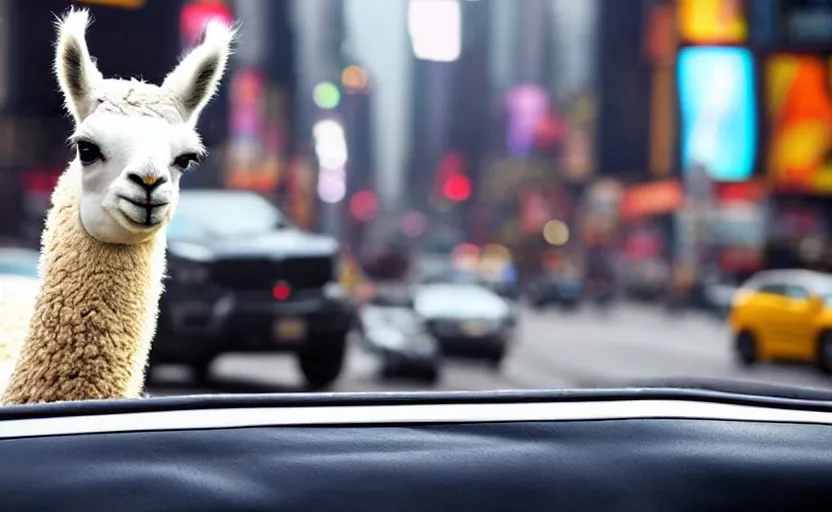 Image similar to a old photo of llama sitting in a car, looking out of the window and his hair is flying in the wind, riding through times square 8 k