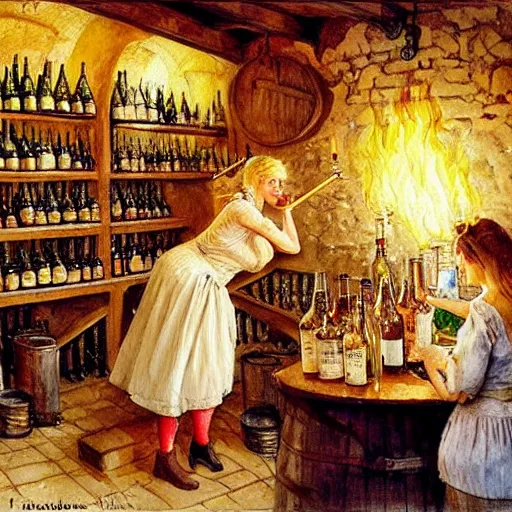 Image similar to hot blonde working in a wine cellar, food, pork, beer, schnapps, rustic, traditional, torches on the wall, watercolor by vladimir volegov and carl larsson