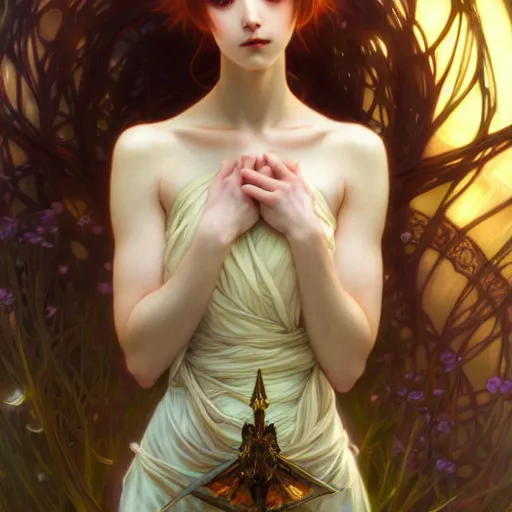 Prompt: anime girl, fantasy, intricate, elegant, dramatic lighting, emotionally evoking symbolic metaphor, highly detailed, lifelike, photorealistic, digital painting, artstation, concept art, smooth, sharp focus, illustration, art by John Collier and Albert Aublet and Krenz Cushart and Artem Demura and Alphonse Mucha