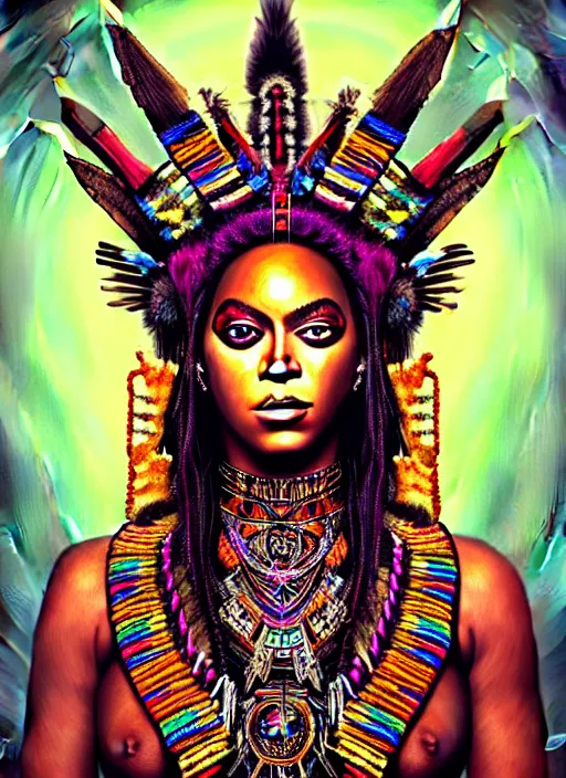 Image similar to portrait of beyonce, hyper detailed ultra sharp aztec shaman warrior. trending on artstation, warpaint aesthetic, bloodwave, colorful, psychedelic, ornate, intricate, digital painting, concept art, smooth, sharp focus, illustration, art by artgerm and greg rutkowski and h. r. giger, 8 k