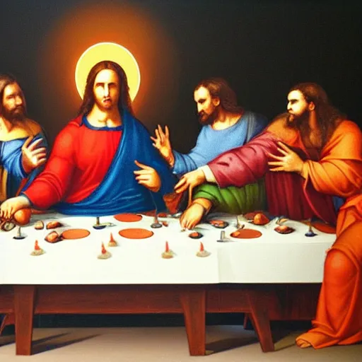 Prompt: a religious icon of elon musk having his last supper with ceos as disciples, oil on canvas by michaelangelo