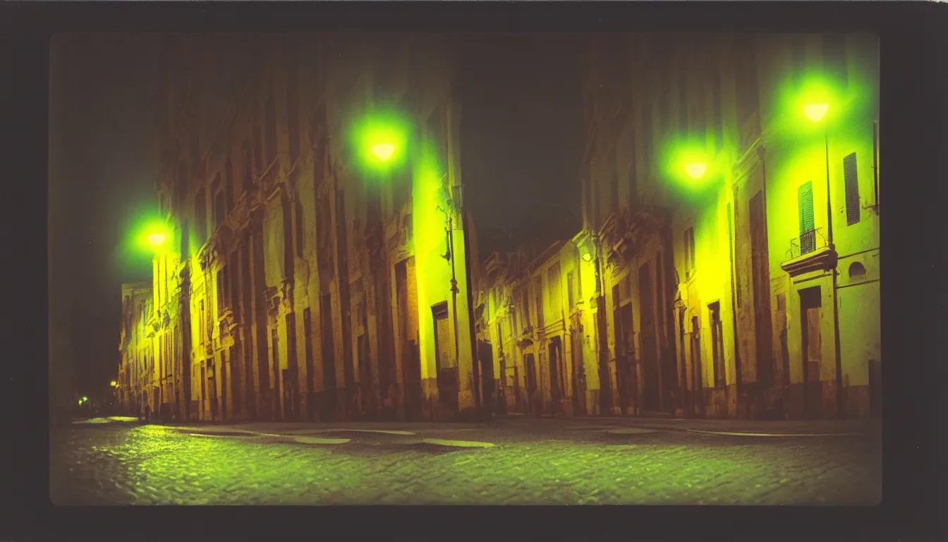 Image similar to colorful instant photograph of rome at night, polaroid, light leak, raw, nostalgic