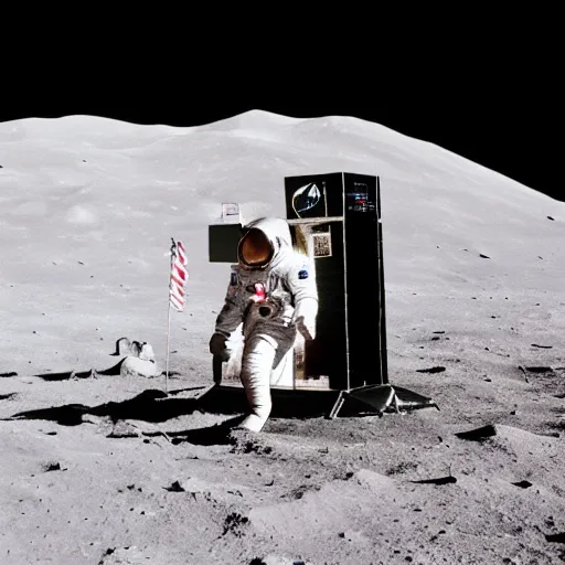 Image similar to An astronaut using a public payphone on the moon, NASA archival photo