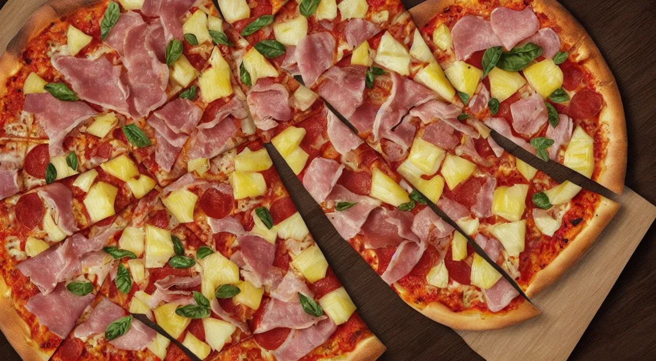 Prompt: one round tasty pizza with pineapple and ham, ultra realistic, artstation