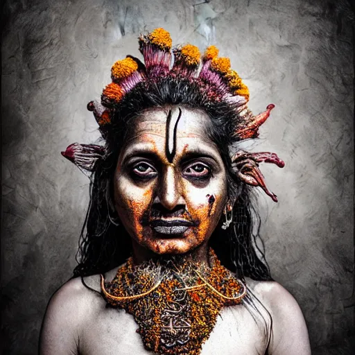 Image similar to realistic double exposed fuji film portrait of aghori tantrik india woman, tentacled creature mix, marigold celestial vibe, hyperrealism, hypermaxiymalism, photorealistic, detailed, atmospheric, 8 k, award winning photography, cinematic