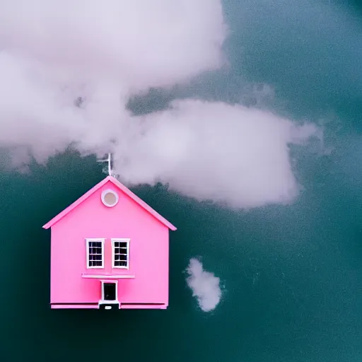 Image similar to dream a 5 0 mm lens photograph of a cute pink floating modern house, floating in the air between clouds, inspired by the movie up, held up from above by heart ballons. mist, playful composition canon, nikon, award winning, photo of the year