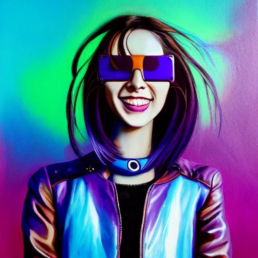 Prompt: closeup painting of a very beautiful young mexican cyberpunk woman with a smile, light blue windows shutter shades on her face, and a purple coloured leather jacket, one side haircut, long brown hair with light blue ends, portrait, hyperdetailed, cgsociety, synthwave by tangerine dream, by jean - michel jarre, by vangelis, by john carpenter