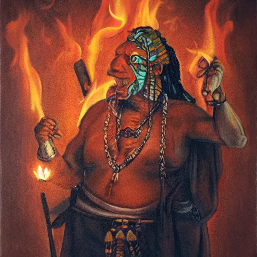 Prompt: a photorealistic of a terrible horrific shaman in a ritual of fire and incense, a strong pain appears in the belly and goes into a trance