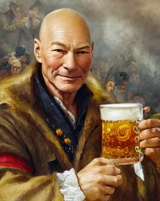 Image similar to a painting of patrick stewart holding a mug of beer at the oktoberfest, a detailed painting by konstantin makovsky and by jan matejko and by nikolay makovsky, shutterstock contest winner, german romanticism, detailed painting, oil on canvas, wimmelbilder