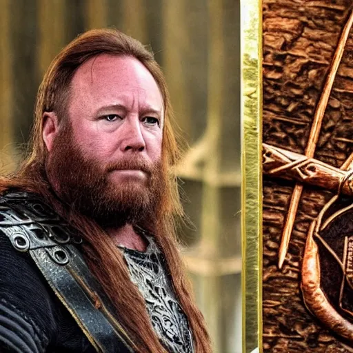 Prompt: Alex Jones dressed as a viking jarl, standing at the helm of a longship