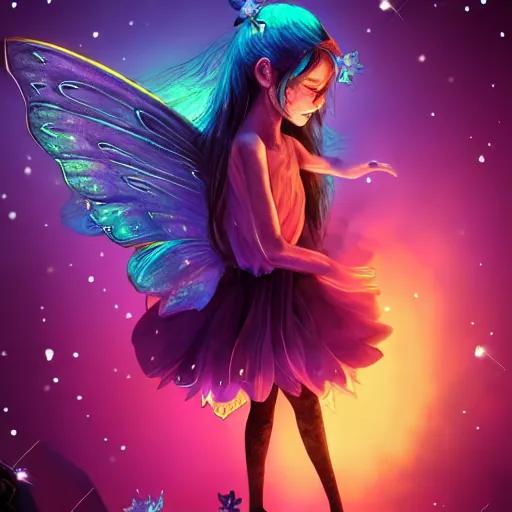 Prompt: evil fairy princess with galaxy wings residing in a deep dark forest grove, beautiful colorful pretty artistic 4 k artstation trending dynamic dramatic lighting realistic floral garden blooming flowers high contrast light and dark magnificent