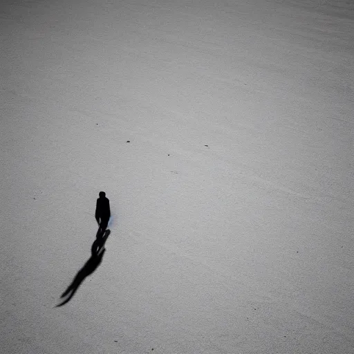 Prompt: solitary figure casting parallel shadows on a dusty white plane