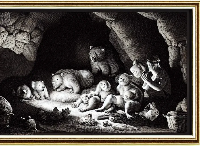 Image similar to Pieter Claesz's 'bear and her cubs sleeping in a dark cave lit by campfire', night time, cross hatching, framed