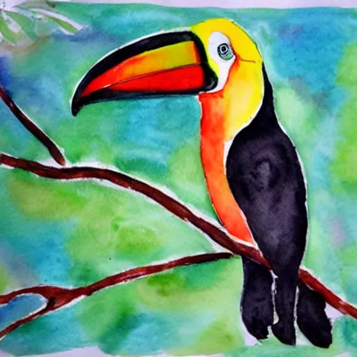 Prompt: a full toucan on a tree branch, hand watercolor by little kid