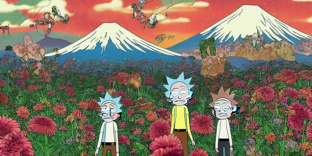 Image similar to Rick and Morty in a Field of mixed flowers, Mount Fuji blurred in the background, good news on Sunday, HR Giger style , chinese ancient painting