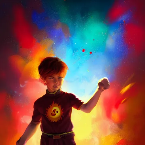 Image similar to colorful and festive captivating young child boy, brown fluffy hair, wearing red and yellow hero suit, shooting a fire ball out of his fist. full body, rich vivid colors, ambient lighting, dynamic lighting, 4 k, atmospheric lighting, painted, intricate, highly detailed by charlie bowater