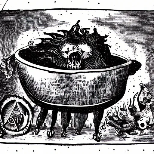 Image similar to bizarre bestiary of repressed unconscious emotional monsters and creatures in a fiery alchemical cauldron