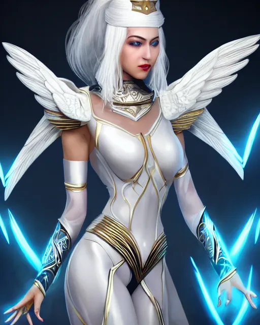 Image similar to perfect white haired egyptian goddess wearing white dove wings, warframe armor, regal, attractive, ornate, sultry, beautiful, dreamy, half asian, pretty face, blue eyes, detailed, scifi platform, 4 k, ultra realistic, epic lighting, android body, illuminated, cinematic, masterpiece, art by akihito tsukushi, voidstar, artgerm