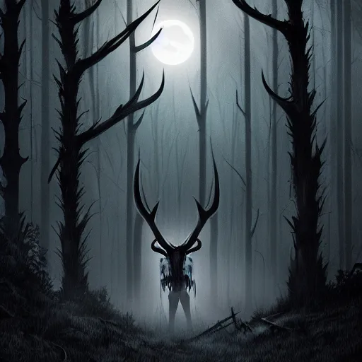 Prompt: in the style of artgerm, peter mohrbacker, rafael albuquerque, wendigo in the forest emerging from the shadows, deer skull face, antlers, fog, full moon, moody lighting, horror scary terror