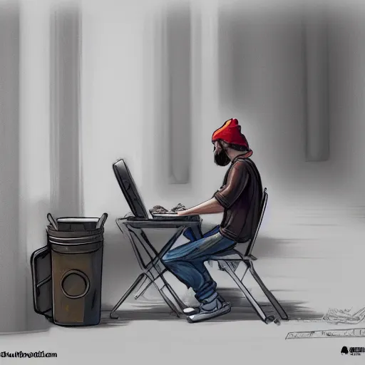 Prompt: a bum using laptop near trashcans, concept art, trending on artstation, highly detailed, intricate, sharp focus, digital art, 8 k