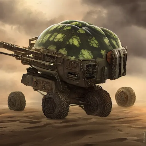 Prompt: Very very very very highly detailed sci-fi Watermelon HIMARS warmachine. Realistic Concept digital art rendered in super Octane Render in style of Hiromasa Ogura Gost in the shell, more Watermelon a less HIMARS warmachine, epic dimensional light