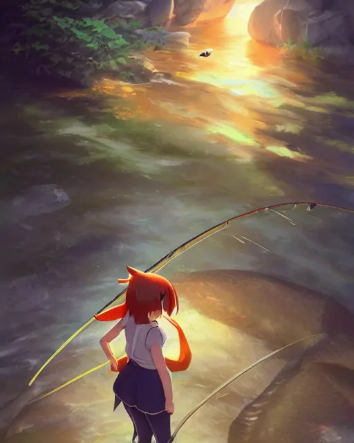 Image similar to a female pokemon trainer fishing for magikarp, full shot, atmospheric lighting, detailed face, by makoto shinkai, stanley artger m lau, wlop, rossdraws, james jean, andrei riabovitchev, marc simonetti, krenz c