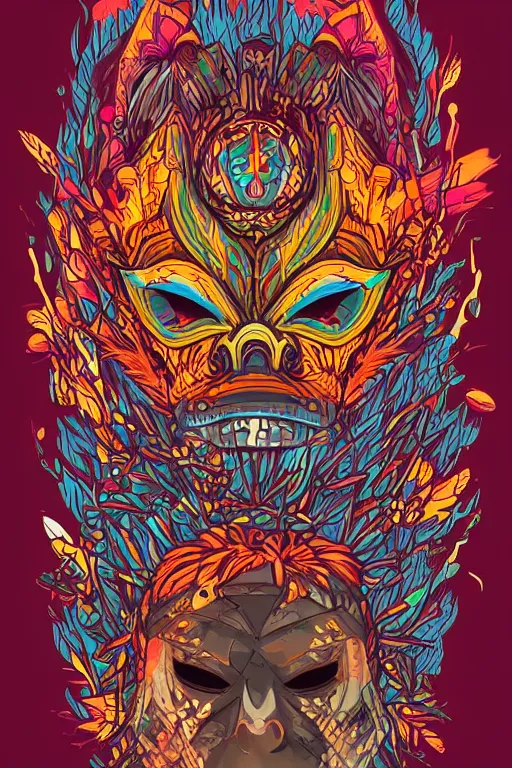 Image similar to totem animal mask tribal feather gemstone plant wood rock shaman vodoo video game vector illustration vivid multicolor borderlands comics by josan gonzales and dan mumford radiating a glowing aura