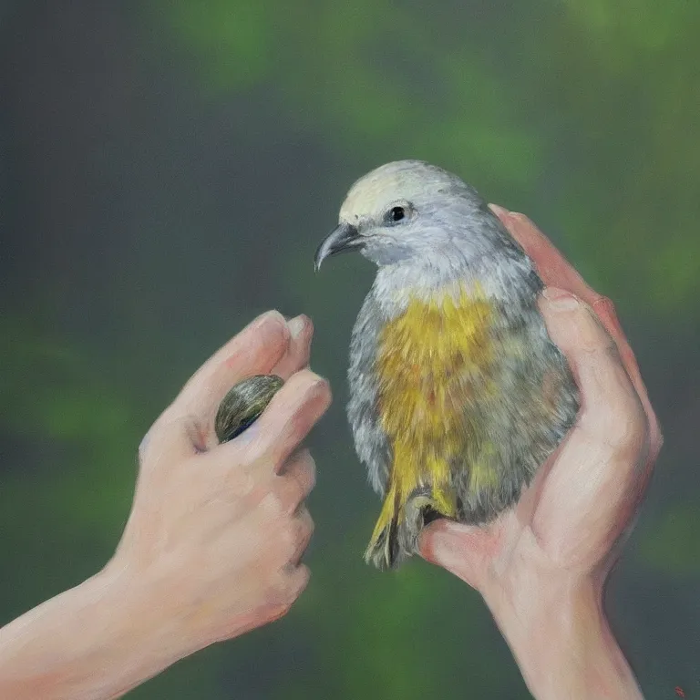 Image similar to a beautiful painting of a bird in hand is worth two in the bush, highly detailed, 8 k resolution