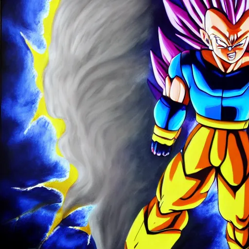 Prompt: oil paint of a fusion of old vegeta and trunks, gogeta, realistic painting, non anime, 4 k, detailed, full body, painting, on paper, paint smears, smooth, by a oil painter