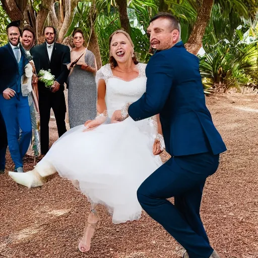 Prompt: a happy quokka photobombing a wedding photo, award-winning photograph