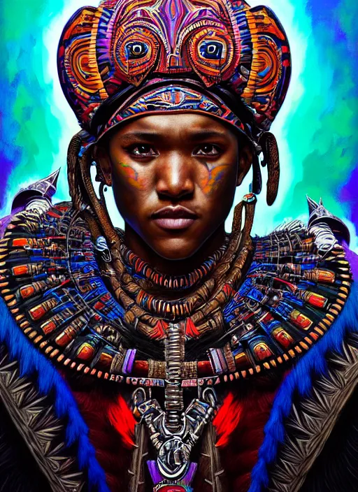Image similar to portrait of jessie usher, hyper detailed ultra sharp aztec shaman warrior. trending on artstation, warpaint aesthetic, bloodwave, colorful, psychedelic, ornate, intricate, digital painting, concept art, smooth, sharp focus, illustration, art by artgerm and greg rutkowski and h. r. giger, 8 k