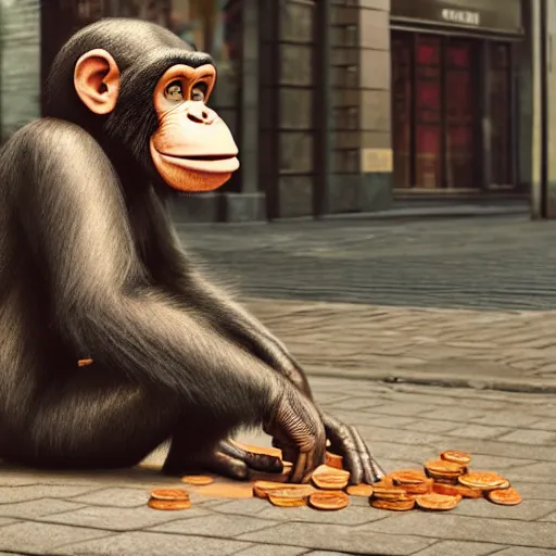 Image similar to a chimpanzee picking up pennies in a city street with a steam roller headed towards him, depth of field, fashion photoshoot by nicoletta ceccoli, mark ryden, lostfish, dan decarlo, bob clampett, max fleischer, breathtaking, detailed and intricate environment, 8 k resolution, hyperrealistic, octane render