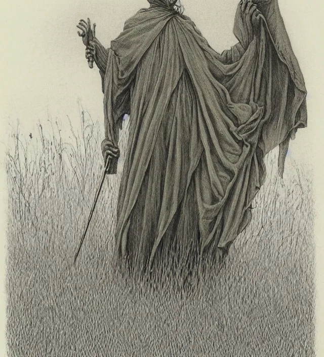 Image similar to grim reaper with no face at distance in beautiful meadow of flowers, detailed pencil illustration by gustave dore, highly detailed, centered, high resolution, smooth, sharp focus, illustration