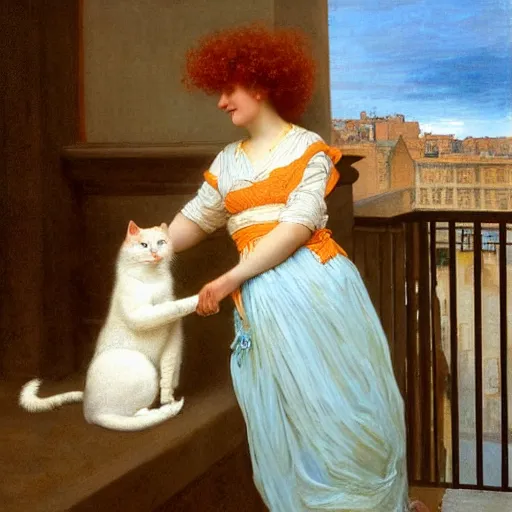 Image similar to lady with long ginger curly hair in a light blue dress petting a white cat on a balcony with a bright orange sky in the background, painting by lawrence alma - tadema, 4 k