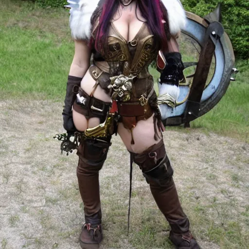 Prompt: full body photo of a female steampunk Valkyrie warrior