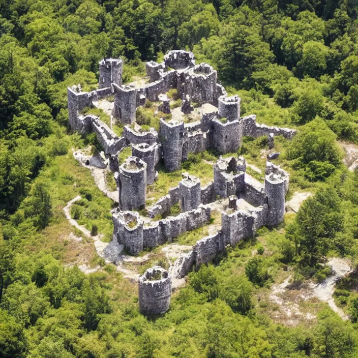 Prompt: aerial view of an ancient castle compound fortress from above in a forest shaped like the punisher symbol isometric detailed