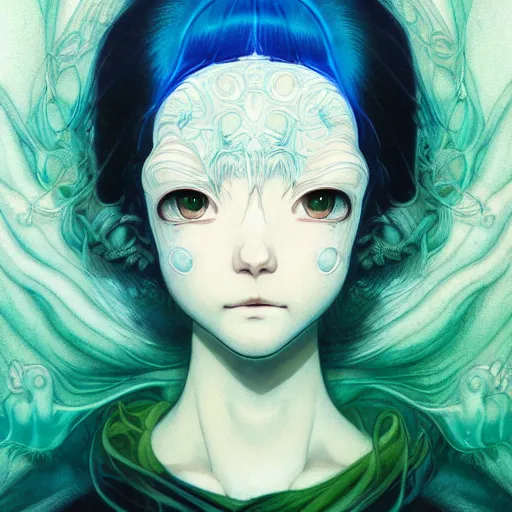 Image similar to prompt : ivory and blue and green portrait soft light painted by james jean and katsuhiro otomo and erik jones, inspired by evangeleon anime, smooth face feature, intricate oil painting, high detail illustration, sharp high detail, manga and anime 1 9 9 9