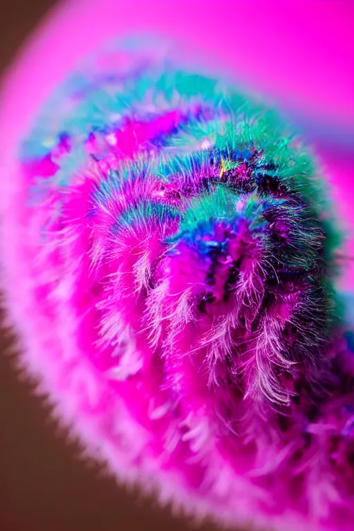 Image similar to high quality close-up photo pearlescent fluffy caterpillar! gorgeous highly detailed hannah yata elson peter cinematic pink lighting high quality low angle hd 8k sharp shallow depth of field