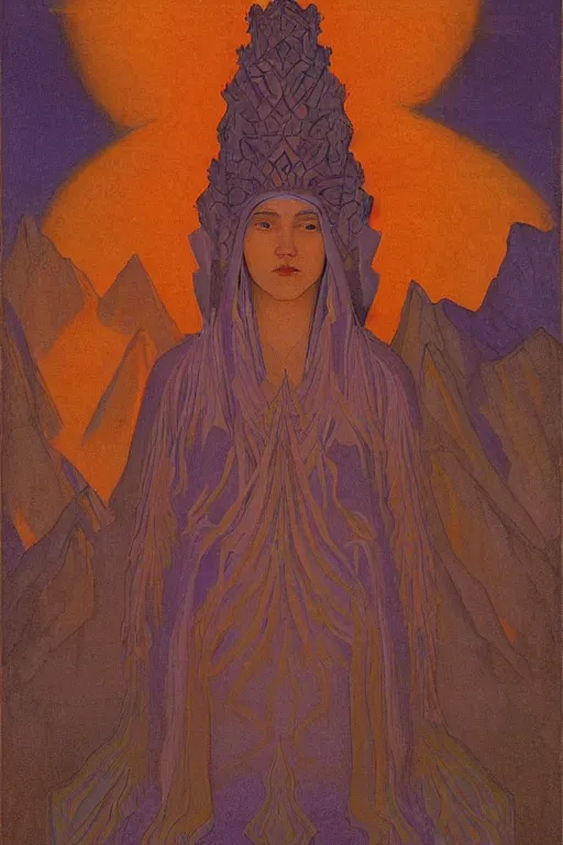 Image similar to queen of the dawn mountains, by Nicholas Roerich and jean delville , dramatic cinematic lighting , ornate headdress , lost civilizations