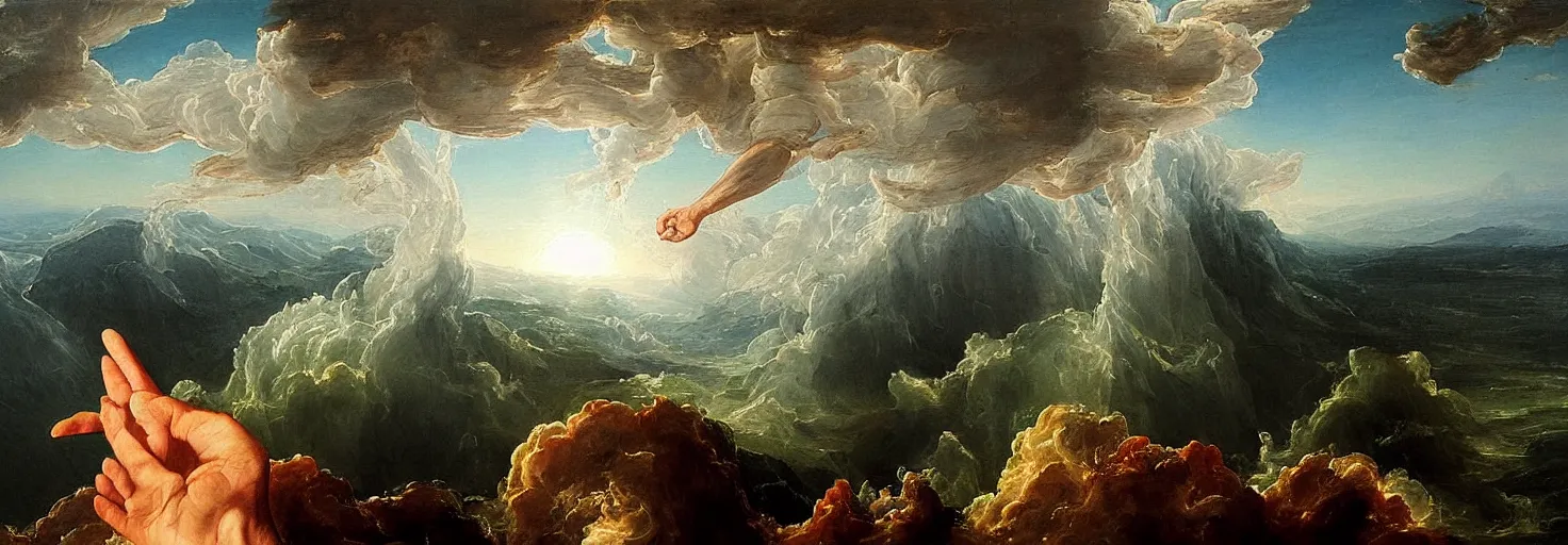 Image similar to a painting of a hand descending from the clouds demand payment for daily existence, in the style of an epic Thomas Cole painting