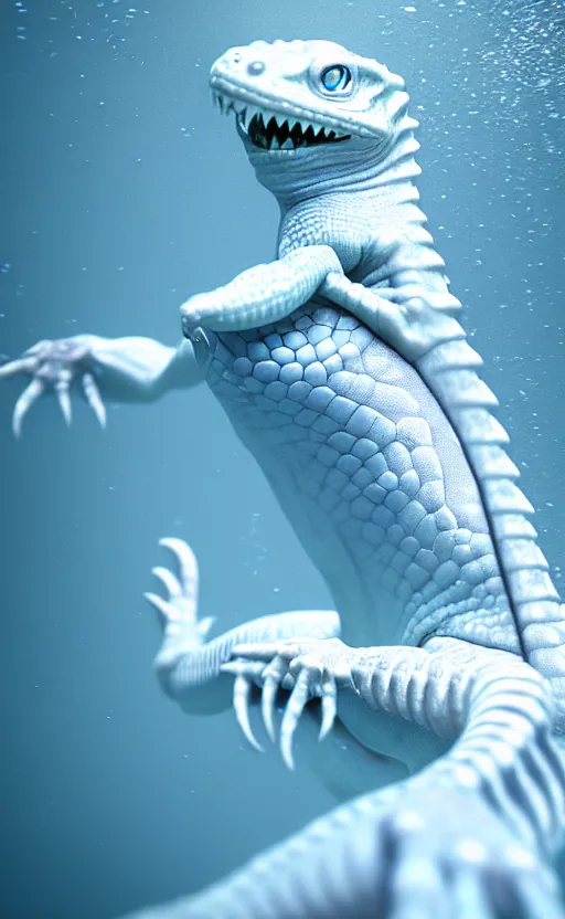 Prompt: humanoid lizard screaming, made of white translucent gelatin, under water, cinematic render, octane renderer